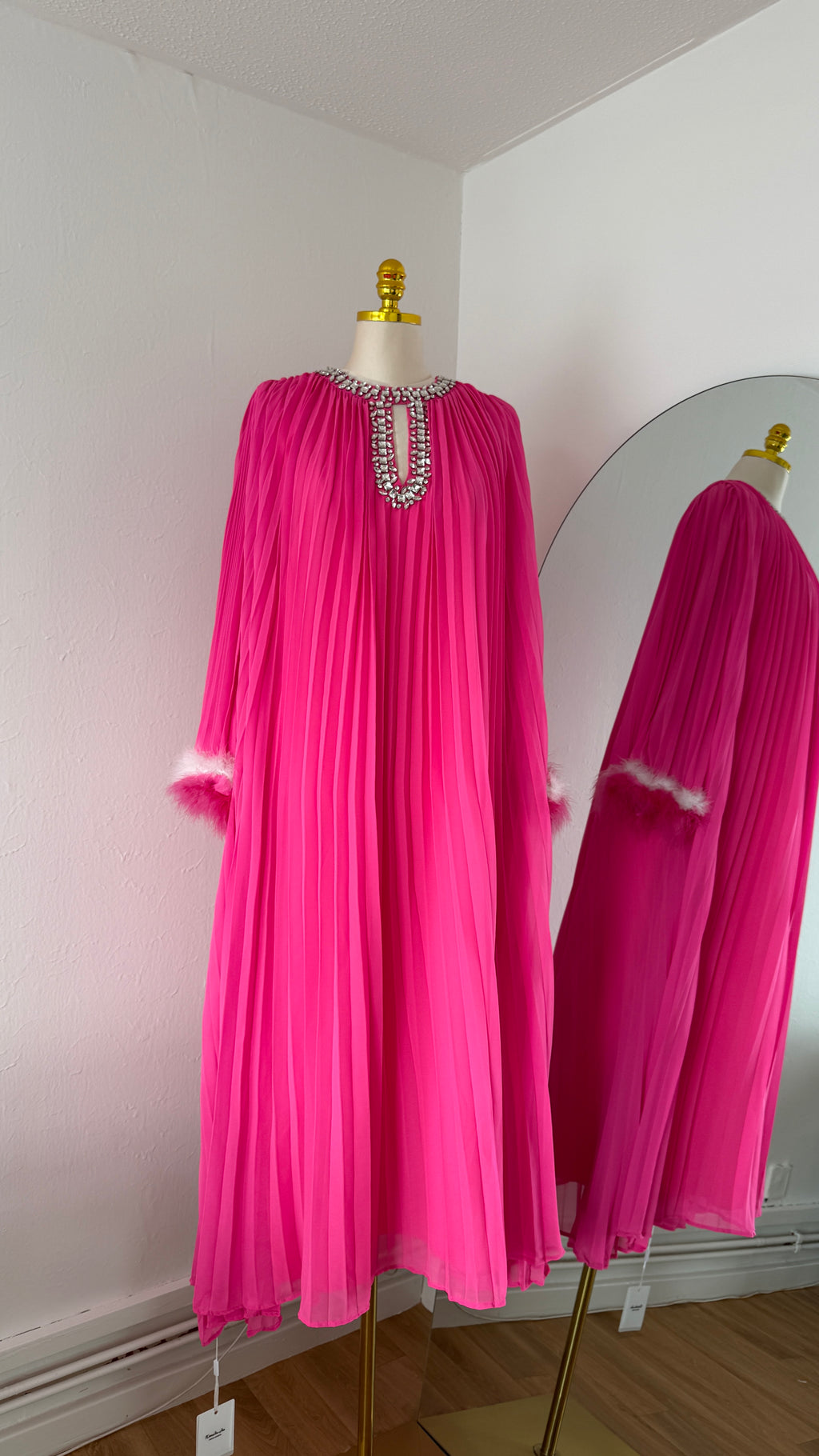 Jeweled Neck Pleated Maxi Dress with Feather Cuffs – Free Size