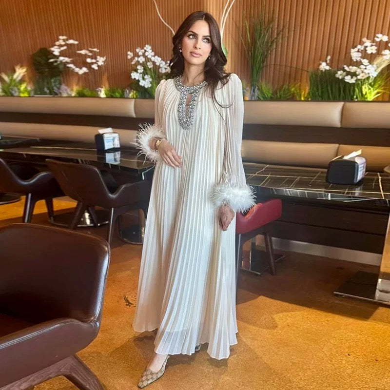 Jeweled Neck Pleated Maxi Dress with Feather Cuffs – Free Size