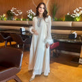 Jeweled Neck Pleated Maxi Dress with Feather Cuffs – Free Size
