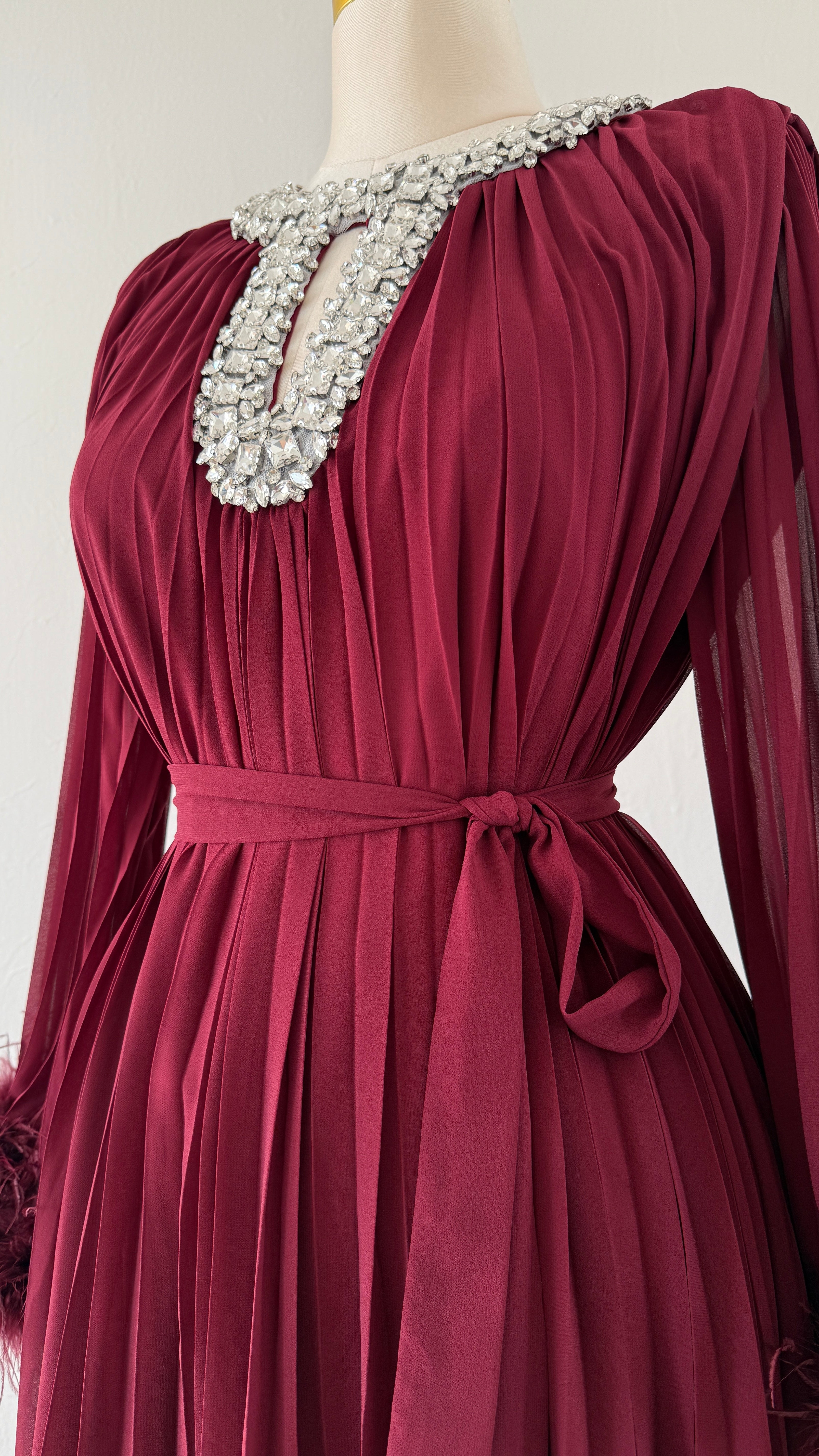 Jeweled Neck Pleated Maxi Dress with Feather Cuffs – Free Size