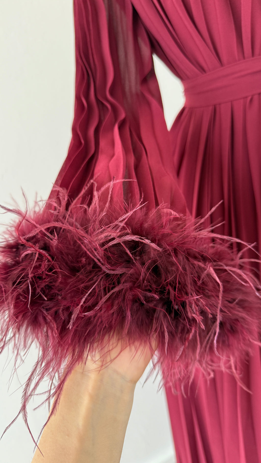 Jeweled Neck Pleated Maxi Dress with Feather Cuffs – Free Size