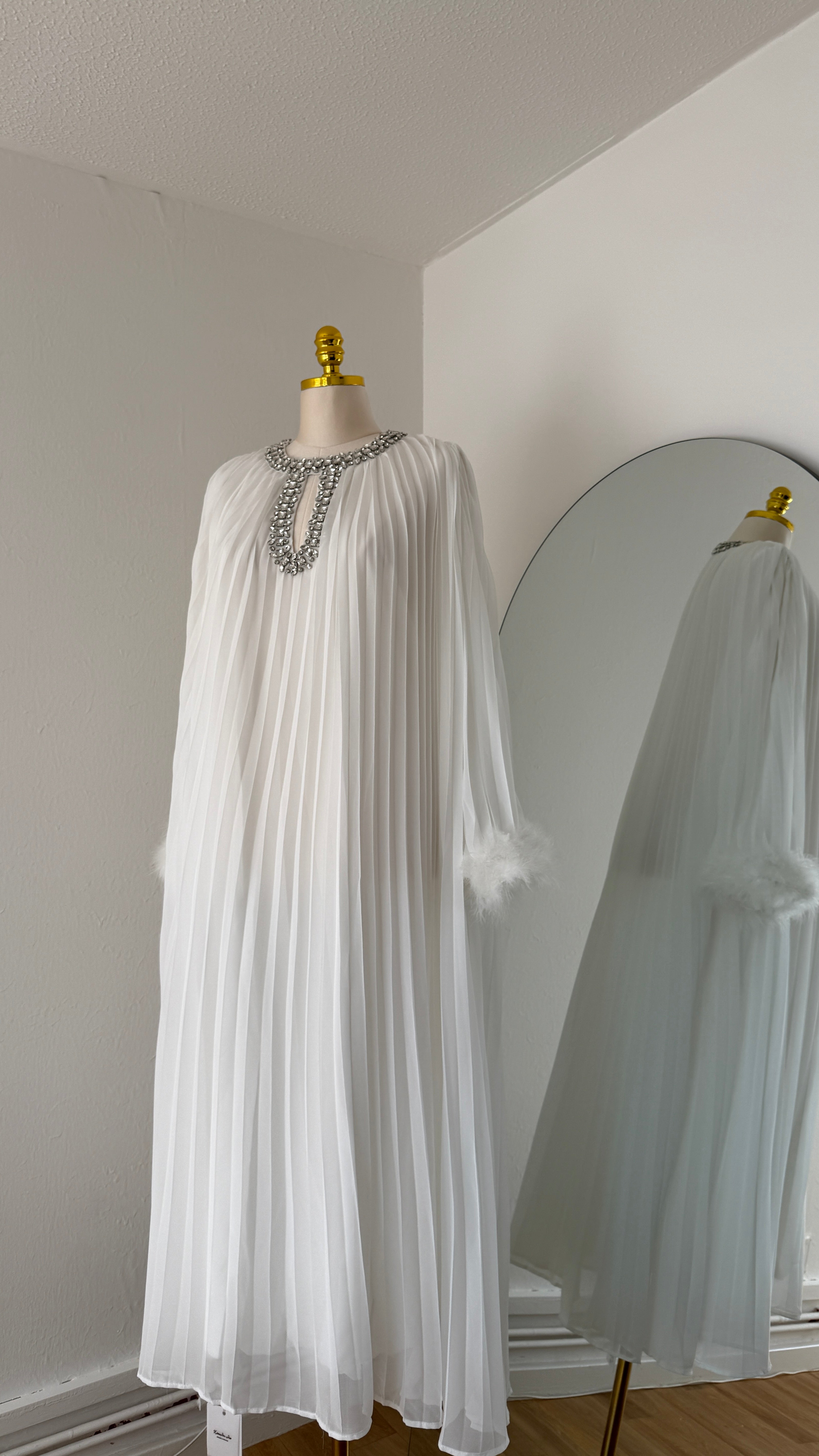 Jeweled Neck Pleated Maxi Dress with Feather Cuffs – Free Size
