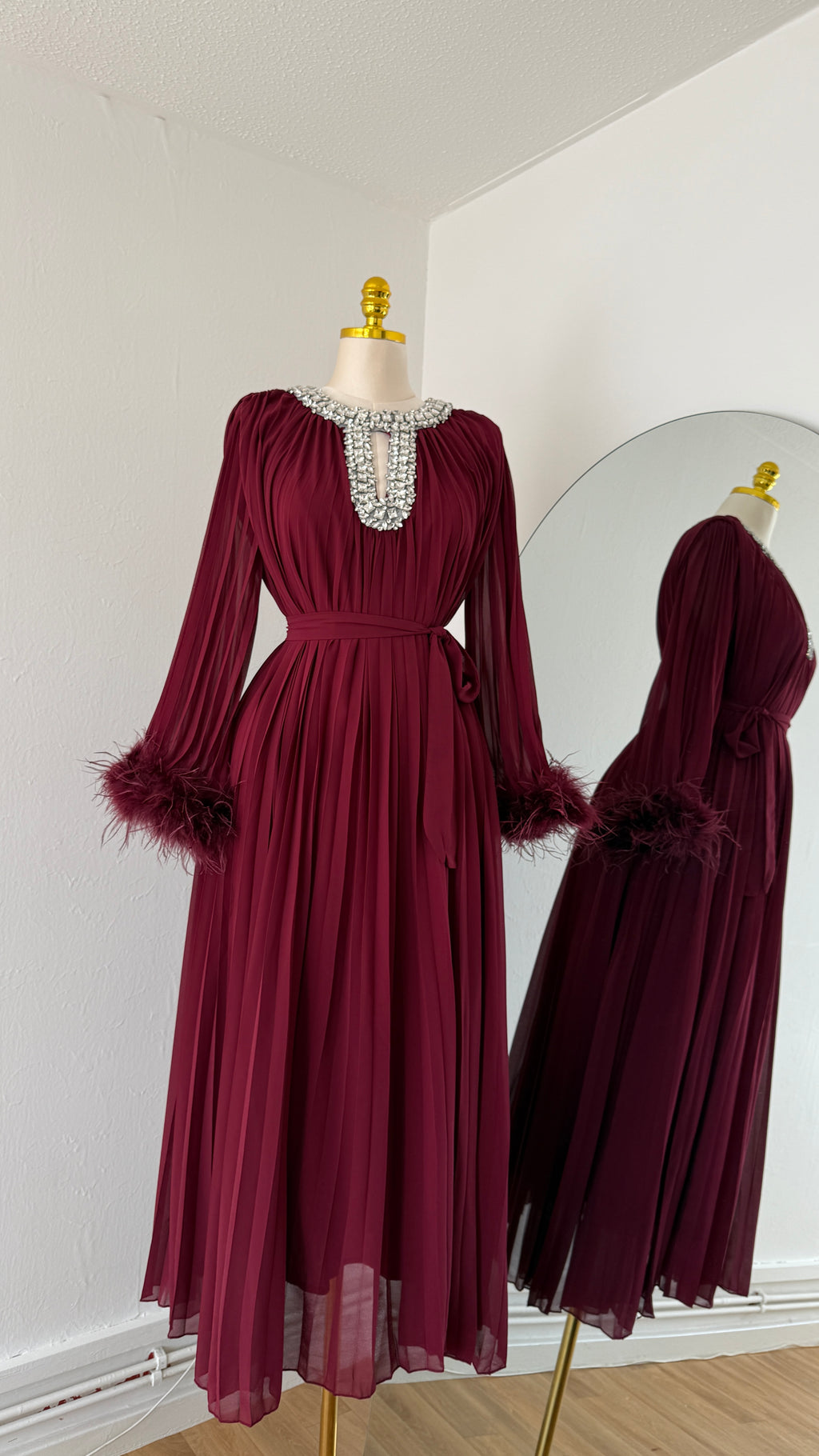 Jeweled Neck Pleated Maxi Dress with Feather Cuffs – Free Size