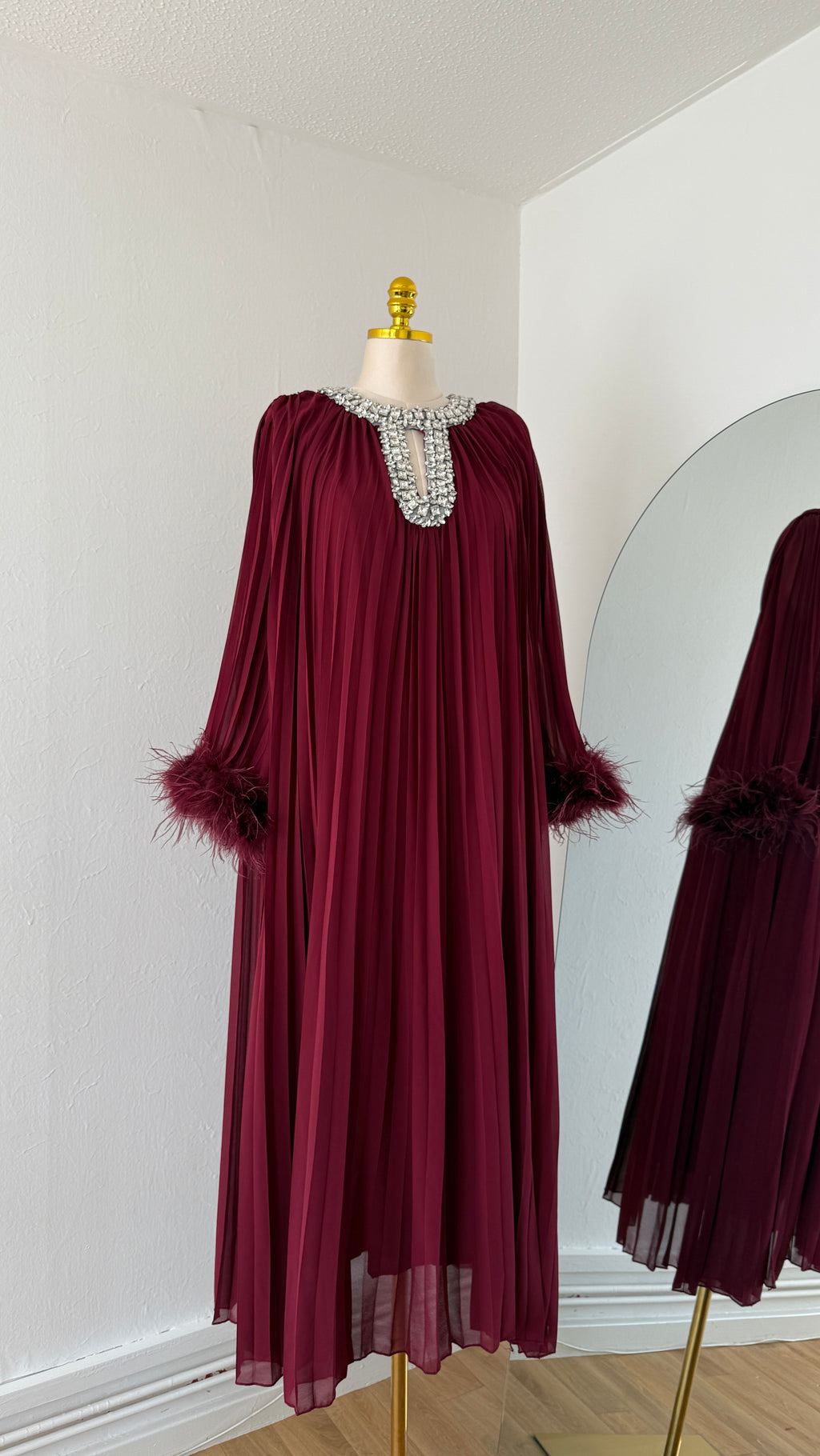Jeweled Neck Pleated Maxi Dress with Feather Cuffs – Free Size