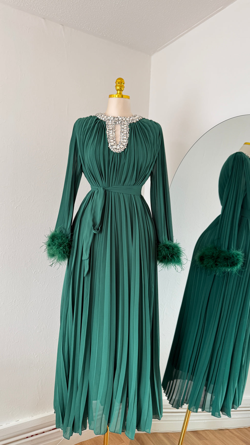 Jeweled Neck Pleated Maxi Dress with Feather Cuffs – Free Size