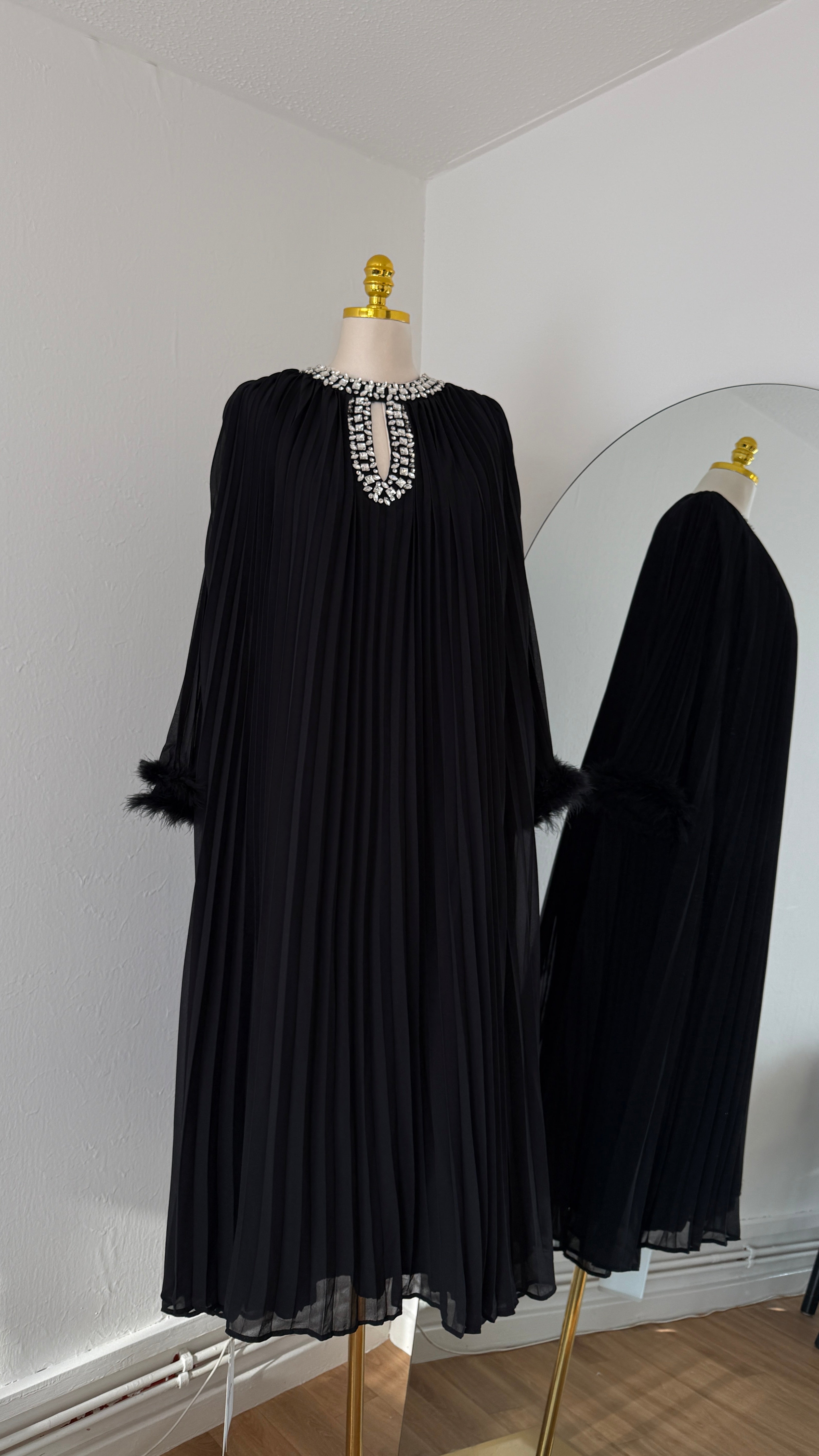 Jeweled Neck Pleated Maxi Dress with Feather Cuffs – Free Size
