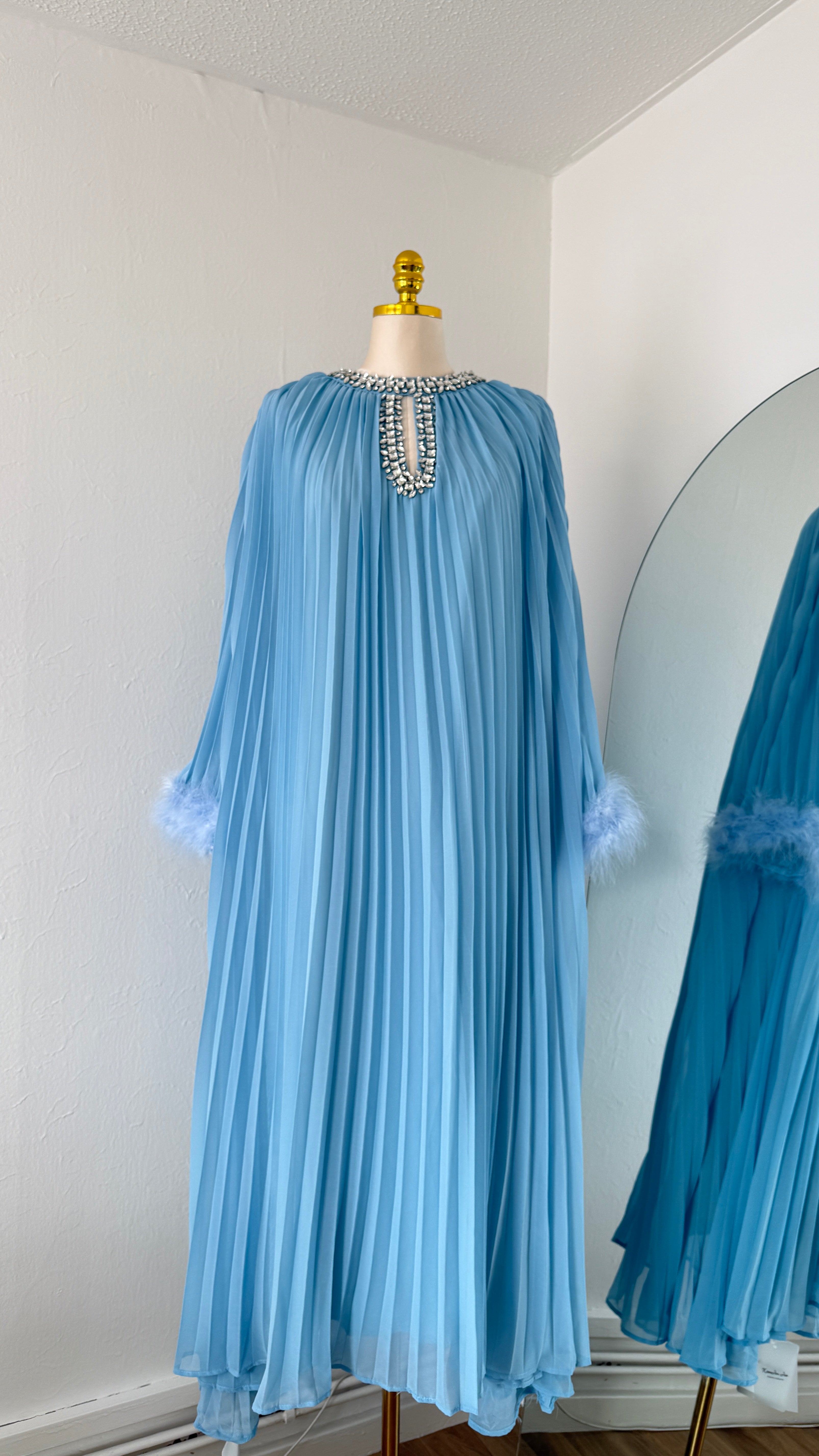 Jeweled Neck Pleated Maxi Dress with Feather Cuffs – Free Size