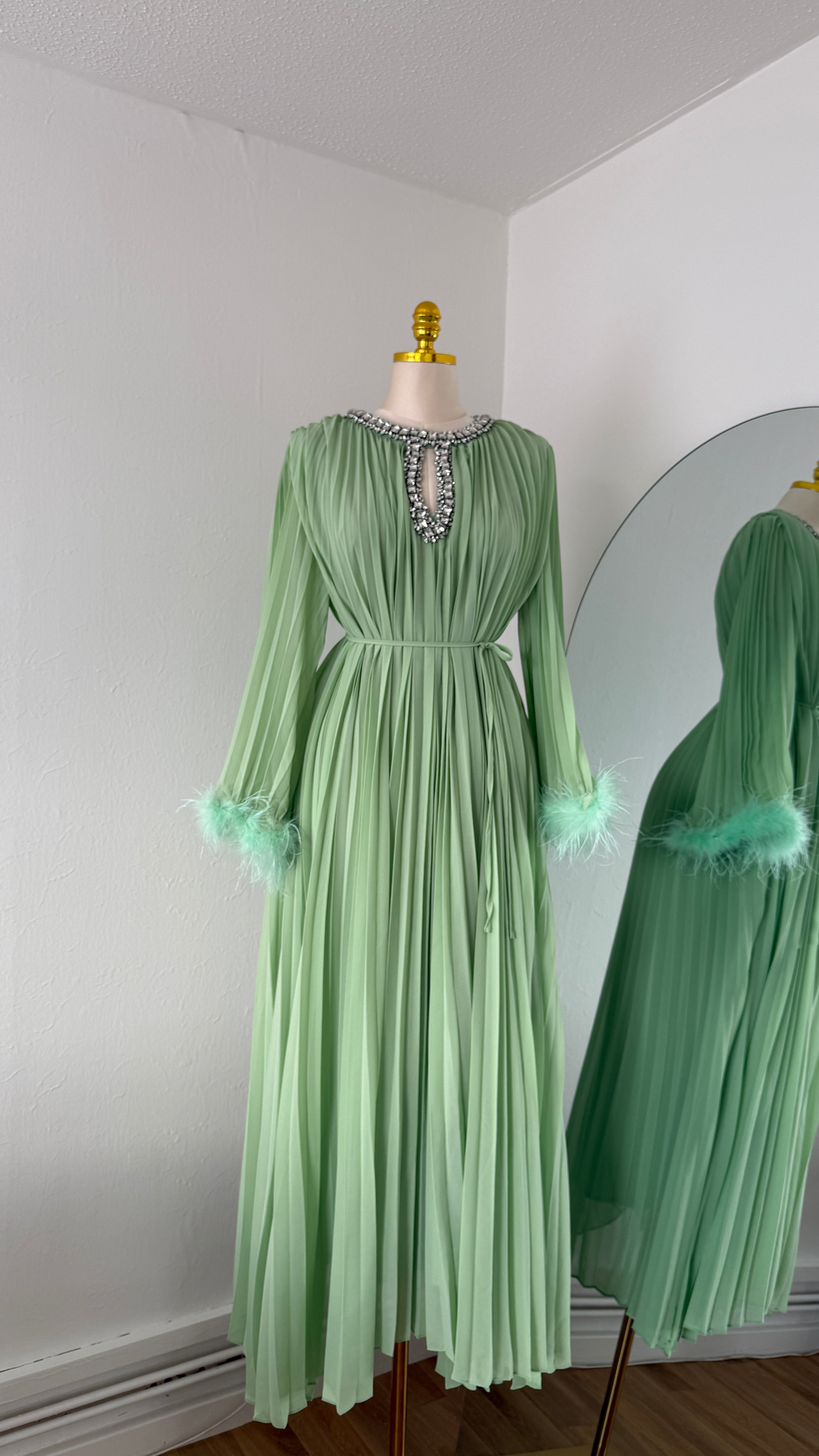 Jeweled Neck Pleated Maxi Dress with Feather Cuffs – Free Size