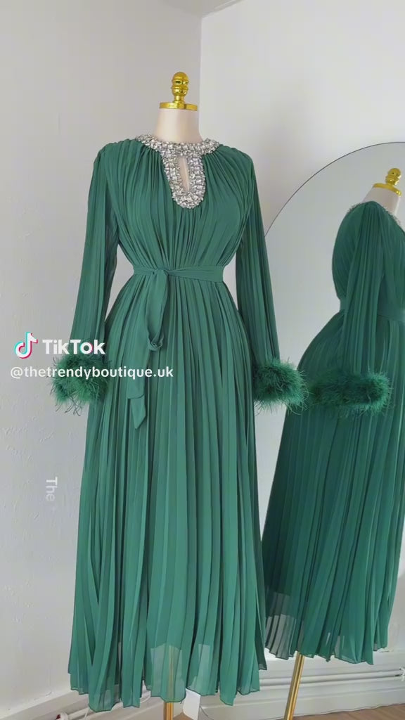 Jeweled Neck Pleated Maxi Dress with Feather Cuffs – Free Size