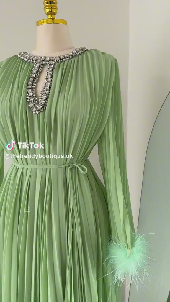 Jeweled Neck Pleated Maxi Dress with Feather Cuffs – Free Size