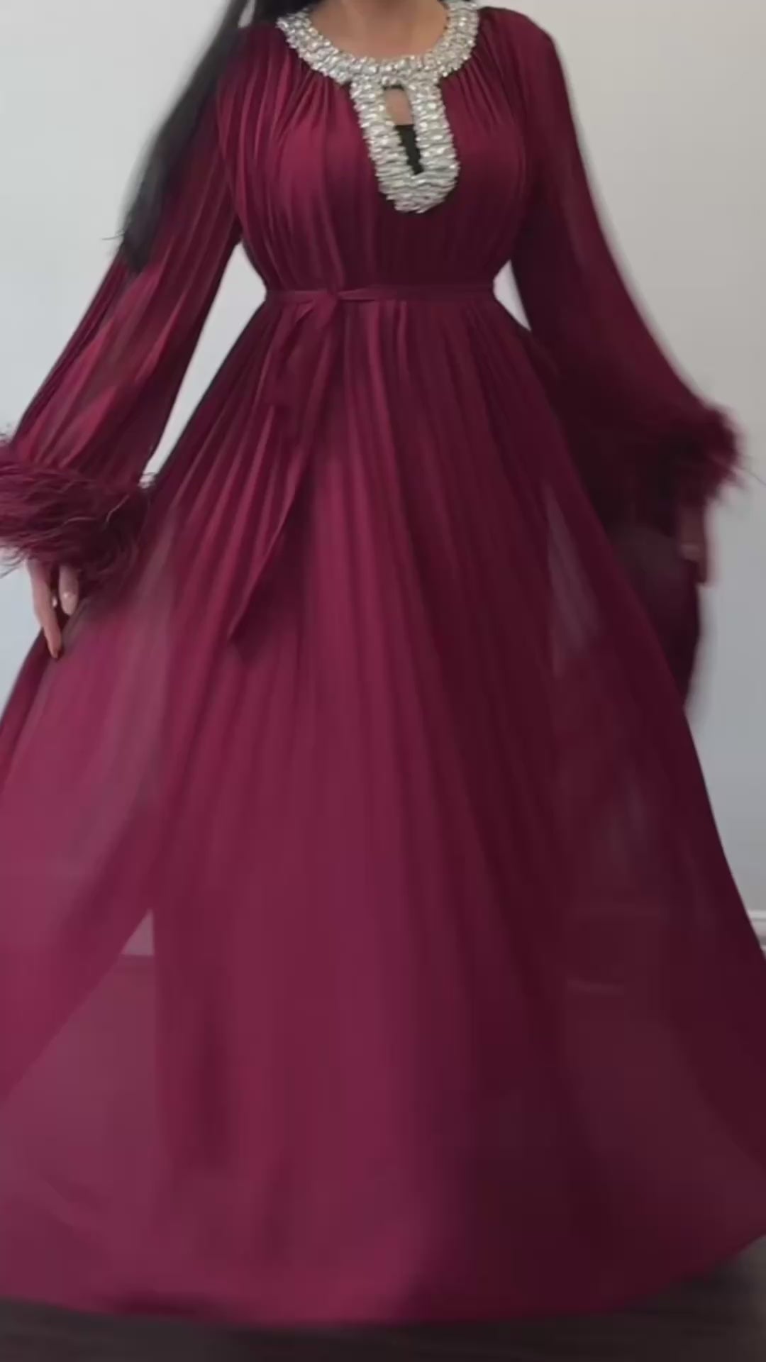 Jeweled Neck Pleated Maxi Dress with Feather Cuffs – Free Size