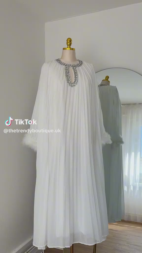 Jeweled Neck Pleated Maxi Dress with Feather Cuffs – Free Size