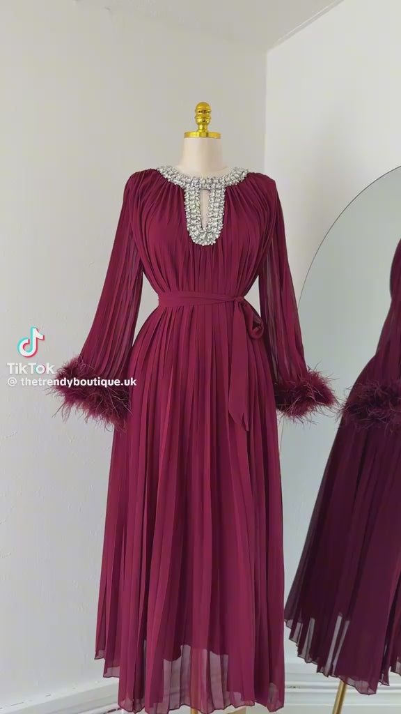Jeweled Neck Pleated Maxi Dress with Feather Cuffs – Free Size